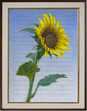 Sunflower 2 Oil Print by Marc, Encore Arts, LLC Oil painting of a tall sunflower with golden petals, dark center, and lush green leaves against a soft background.