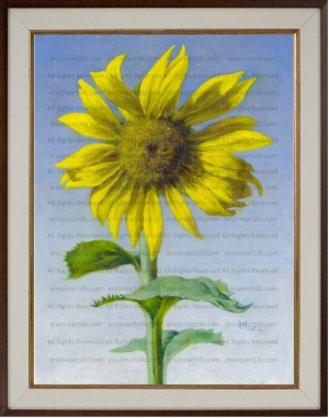 Sunflower 8 in Oil Print by Marc, Encore Arts, LLC Oil painting of a sunflower in full bloom with radiant yellow petals, dark center, and lush green leaves.